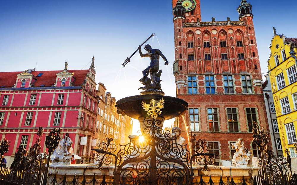 Beautiful fountain in the old center of Gdansk city, Poland