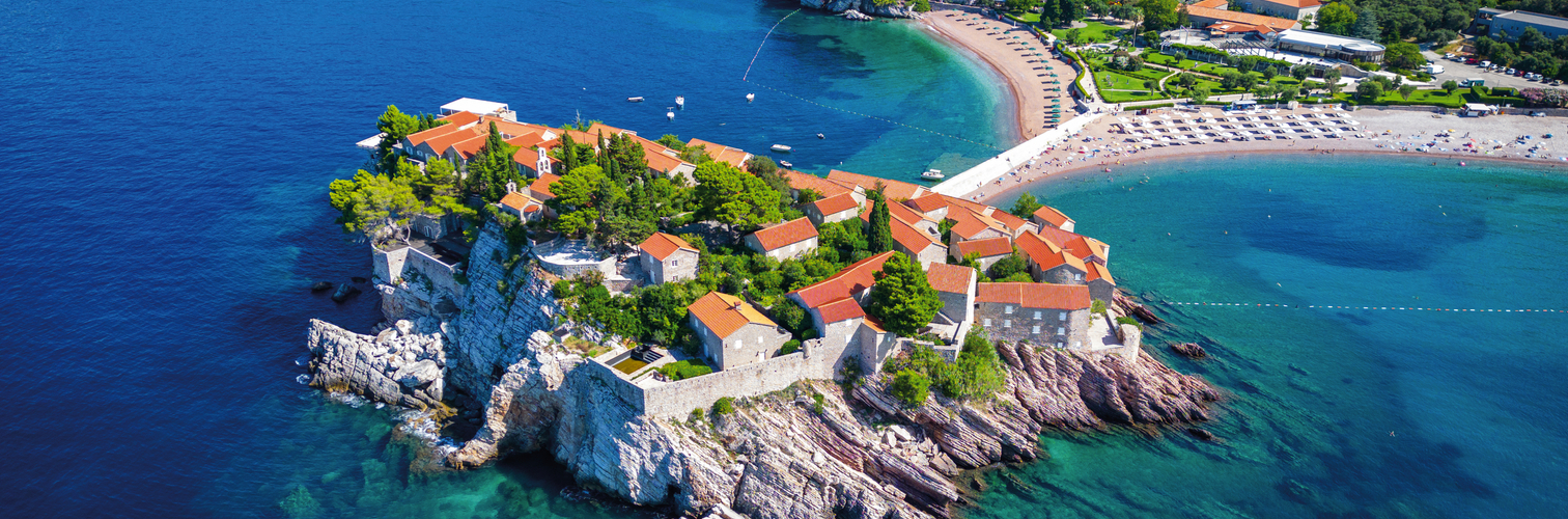 Island of Sveti Stefan near Budva in Montenegro. Beaches and coa