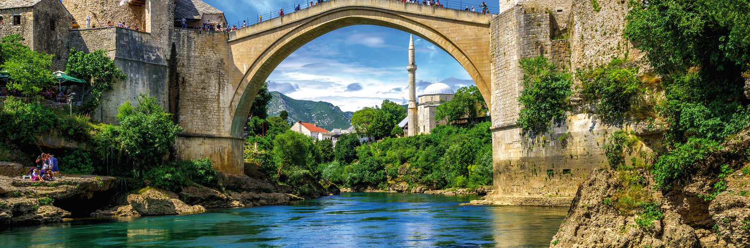 Old Bridge and Mosque in the Old Town of Mostar, Bosnia