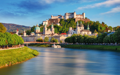 Panoramic view of Salzburg skyline with Festung Hohensalzburg an