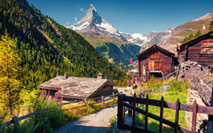 Sunny summer morning in Zermatt village with Matterhorn (Monte C