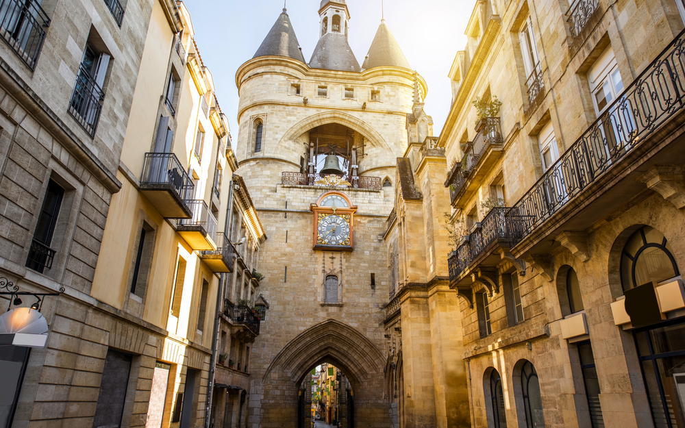 Stree view on the Big Clock of Bordeaux city during the morning light in France