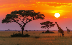 Giraffen unter Afrikas Sonnenuntergang in der Savanne Kenias