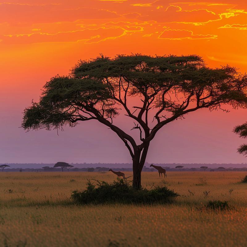 Giraffen unter Afrikas Sonnenuntergang in der Savanne Kenias