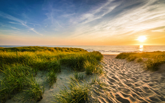 Weg zum Strand auf Texel bei Sonnenuntergang
