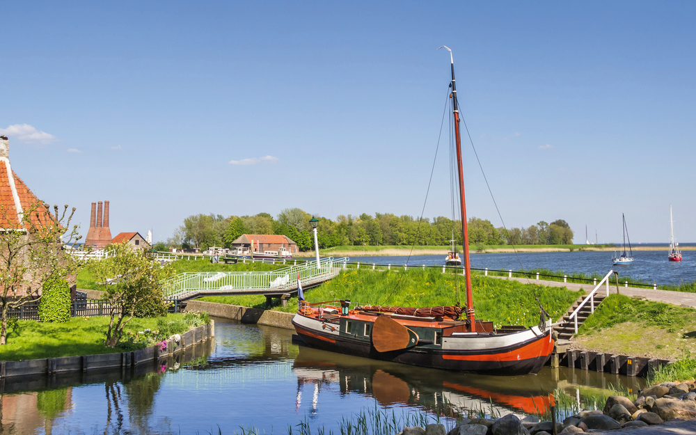 Panorama of a sailing ship at a dike in Enkhuizen