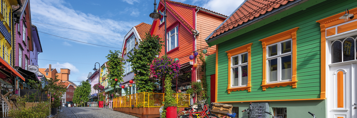 Stavanger, Norway - View of the old town streets, people and res