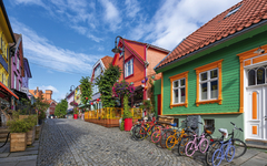 Stavanger, Norway - View of the old town streets, people and res