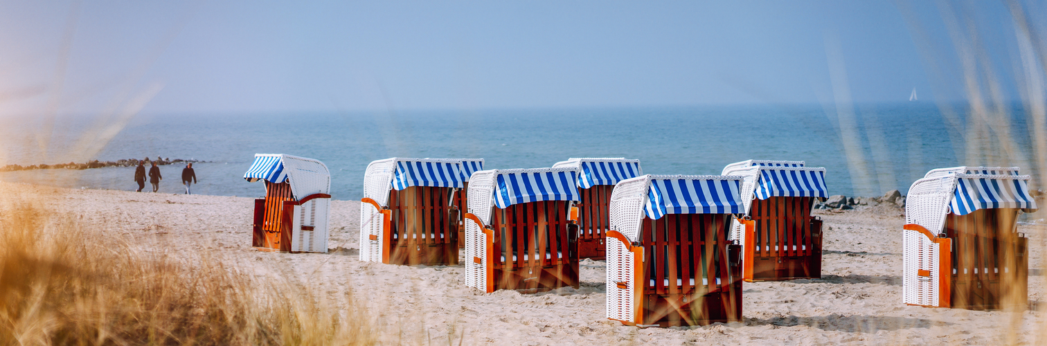 Blue striped roofed chairs on sandy beach on sunny day framed by dune grass in Travemunde. Germany