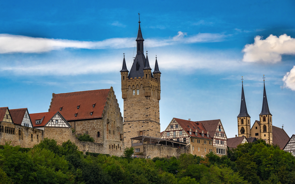 City view of the historical town Bad Wimpfen on the Neckar River. Neckartal, Baden-Wuerttemberg, Germany, Europe