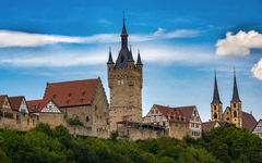 City view of the historical town Bad Wimpfen on the Neckar River. Neckartal, Baden-Wuerttemberg, Germany, Europe