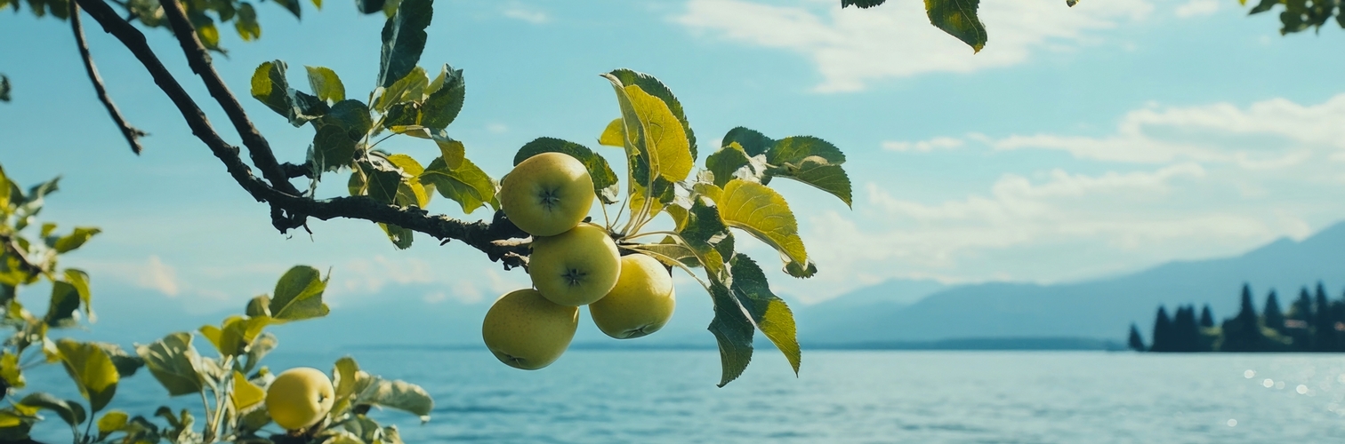 grüne Äpfel an einem üppigen Ast mit Blick auf den Bodensee in Deutschland