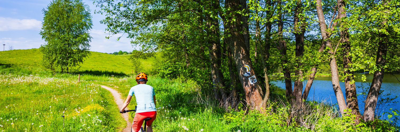 Radfahrerin auf einem Radweg entlang eines Sees und zwischen grünen Wiesen im Landschaftspark Suwalski, Polen