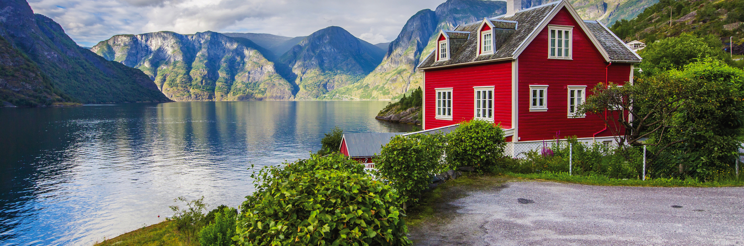 View to Sognefjord in Norway. Small town and cruise port Olden i