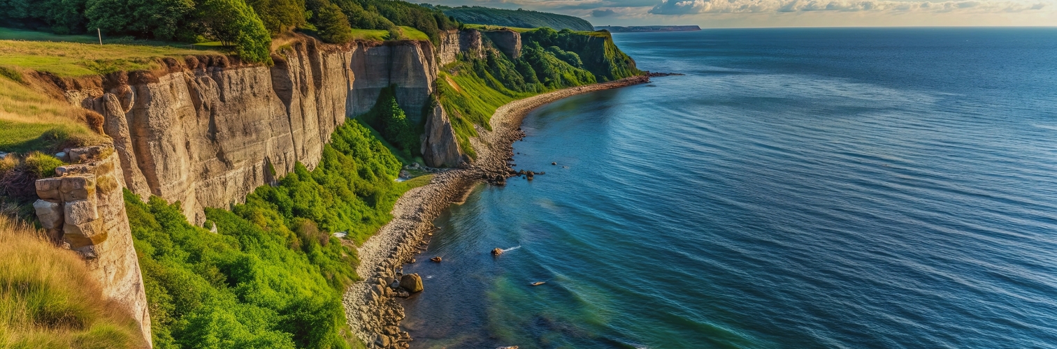 Steep cliffs along the northern Bornholm coastline overlooking the Baltic Sea in Denmark, Baltic Sea, Denmark, Bornholm