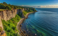 Steep cliffs along the northern Bornholm coastline overlooking the Baltic Sea in Denmark, Baltic Sea, Denmark, Bornholm