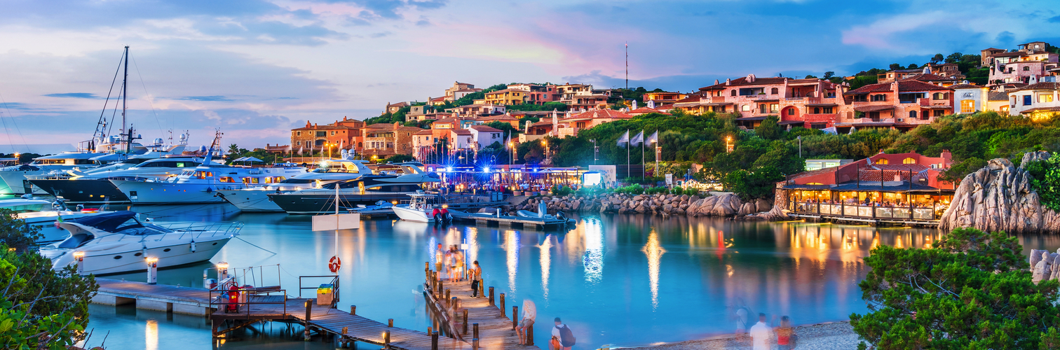 View of harbor and village Porto Cervo, Sardinia island, Italy