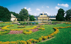 Schloss Pillnitz mit blühendem Garten im Vordergrund in Dresden.