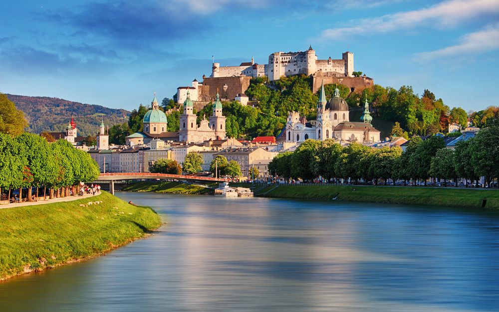 Panoramic view of Salzburg skyline with Festung Hohensalzburg an