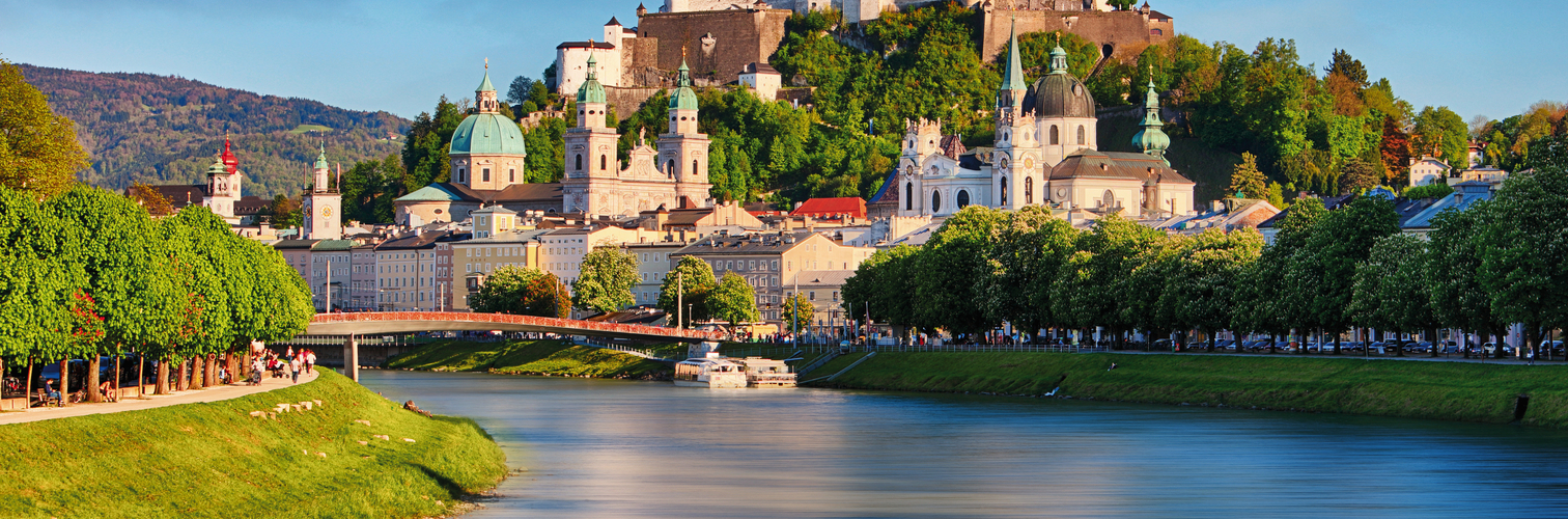 Panoramic view of Salzburg skyline with Festung Hohensalzburg an